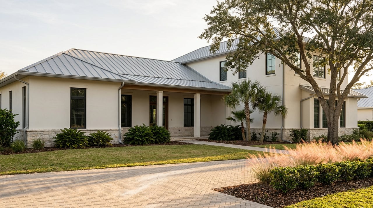 Coastal-modern stucco home with a two-story wing, oak canopy, paver drive, and lawn walkway.