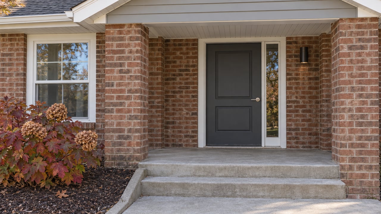 Updated brick-and-gray-sided home entry with a charcoal door, broad concrete steps and burgundy oakleaf hydrangea.