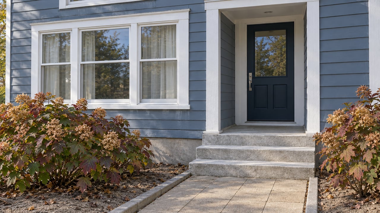 Blue-gray clapboard home with a navy entry door, broad white-trimmed window, concrete steps and autumn oakleaf hydrangeas.