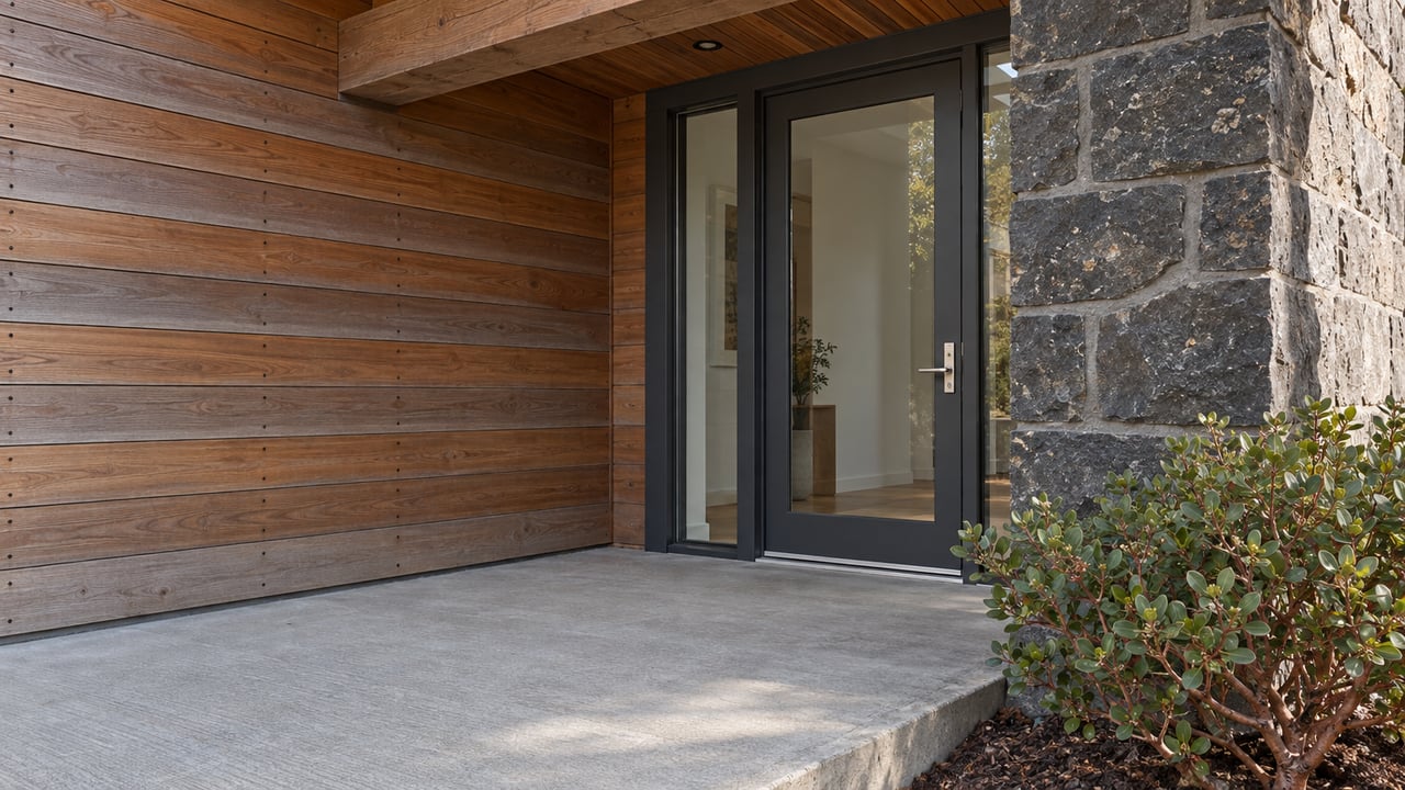 Covered home entry with weathered cedar siding, a dark-framed glass door, basalt masonry, and a red-stemmed manzanita beside a raised concrete landing.