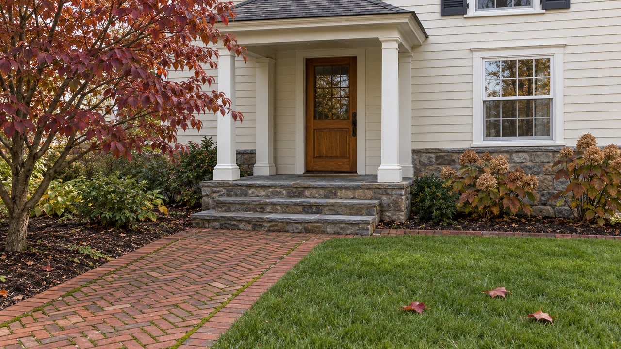Brick garden approach leading to worn bluestone steps and a covered oak entrance on an ivory clapboard home.