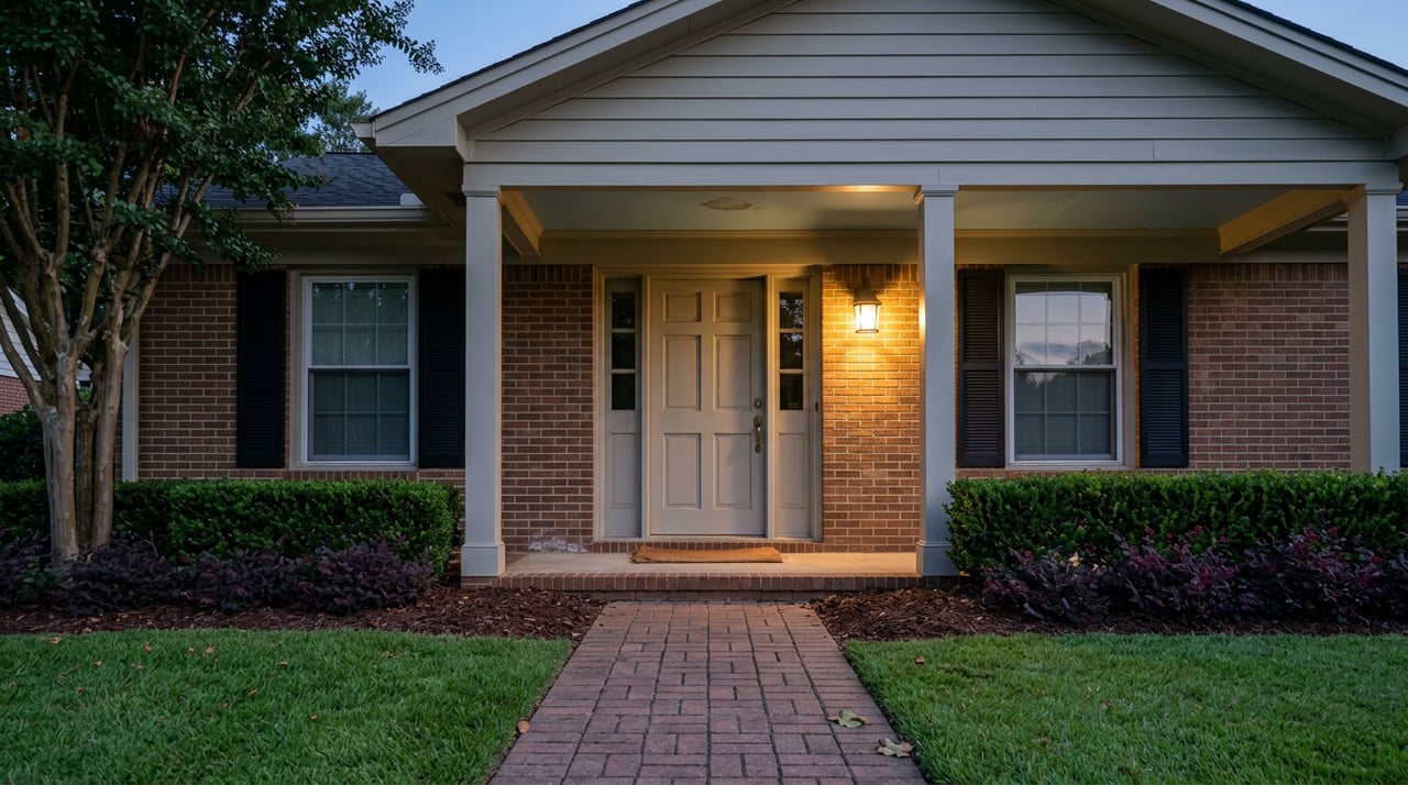 Brick suburban home’s covered entry at dusk, with a warm porch light beside the door and a paver walkway.