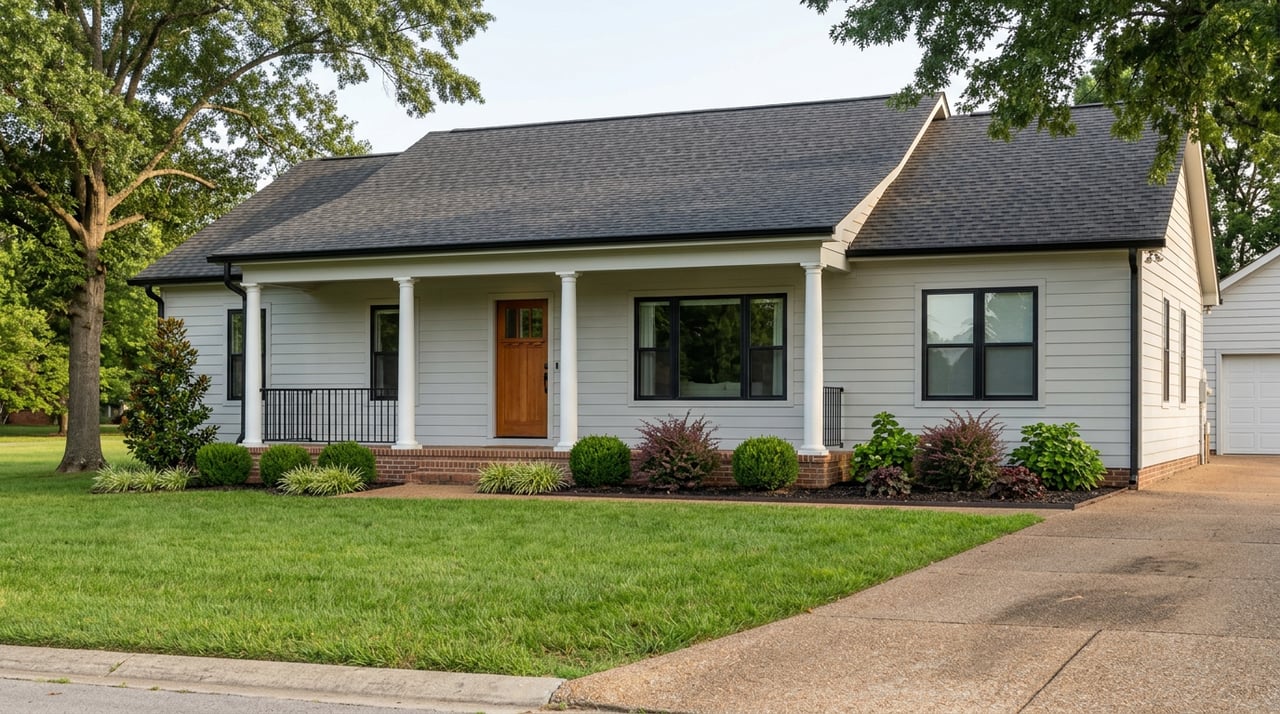 Light gray ranch house with a covered porch, white columns, wood door, and landscaped lawn.
