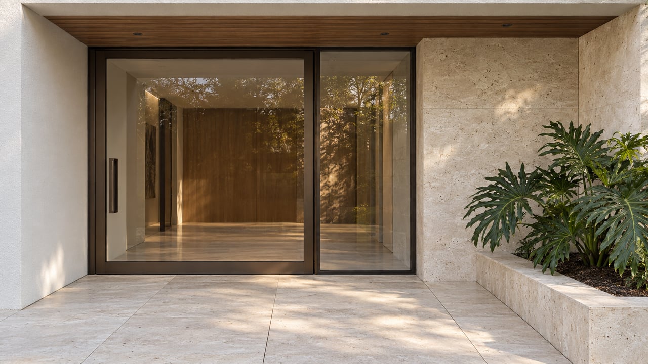 Contemporary residential entrance with bronze-framed glass, pale limestone, white stucco and a sculptural split-leaf plant.