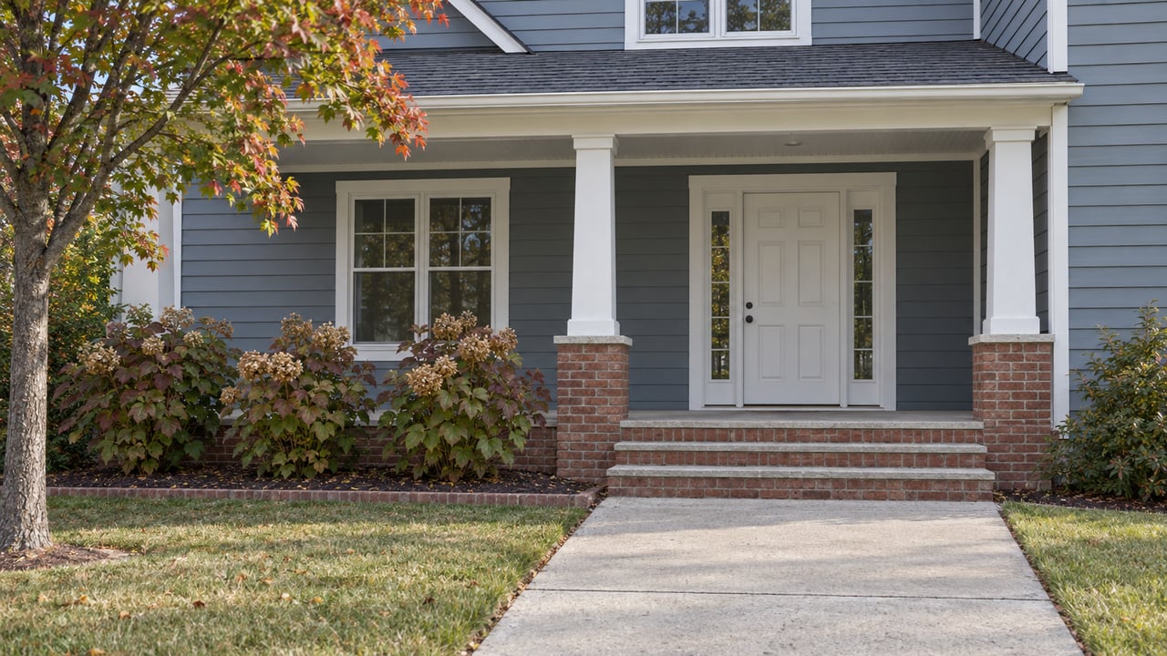 Blue-gray lap-sided home with a white covered porch, brick steps, a concrete walk and autumn oakleaf hydrangeas.