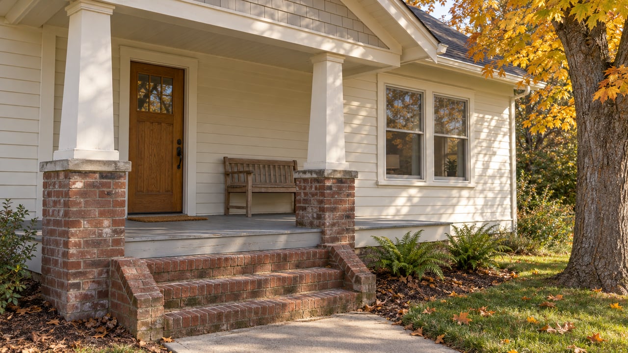 Ivory clapboard bungalow porch with brick steps, a wooden bench and copper-yellow maple leaves in afternoon light.