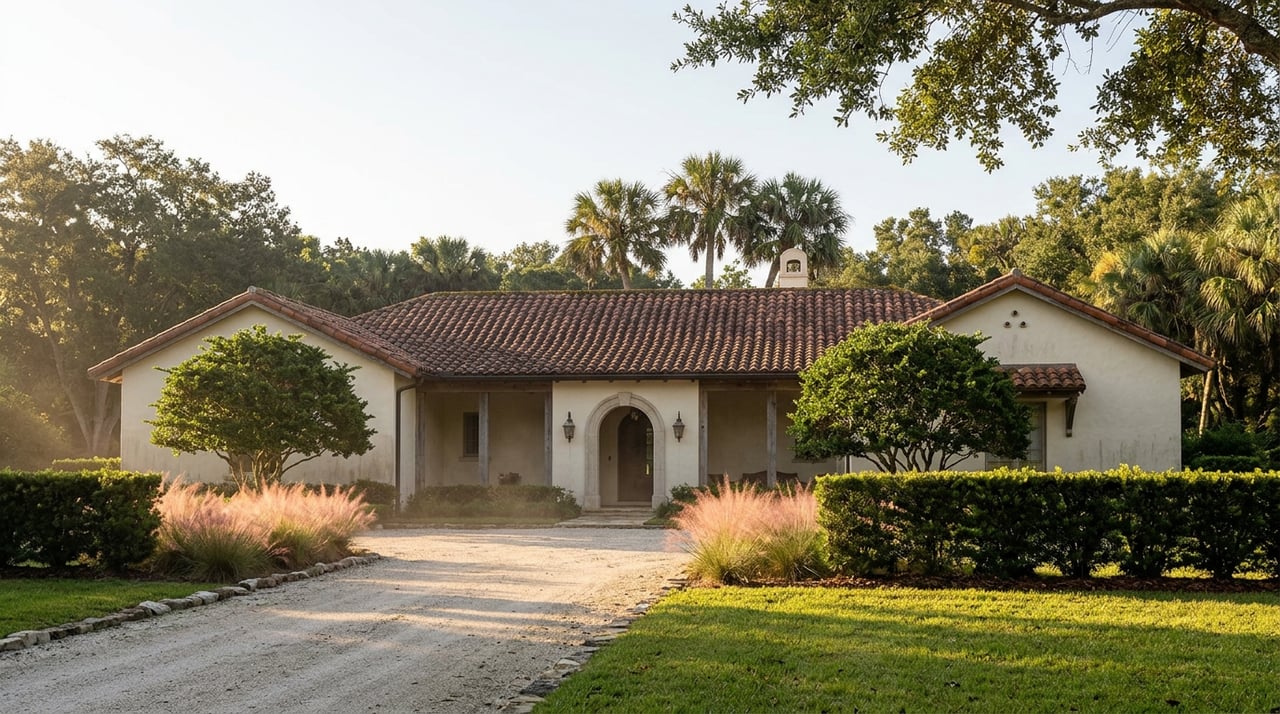 Ivory-stucco estate with a terra-cotta tile roof, set beyond a long shell-rock drive beneath live oaks.