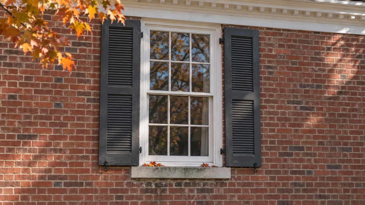 Closed six-over-six window with charcoal shutters in a red-brick wall, framed by amber maple leaves.