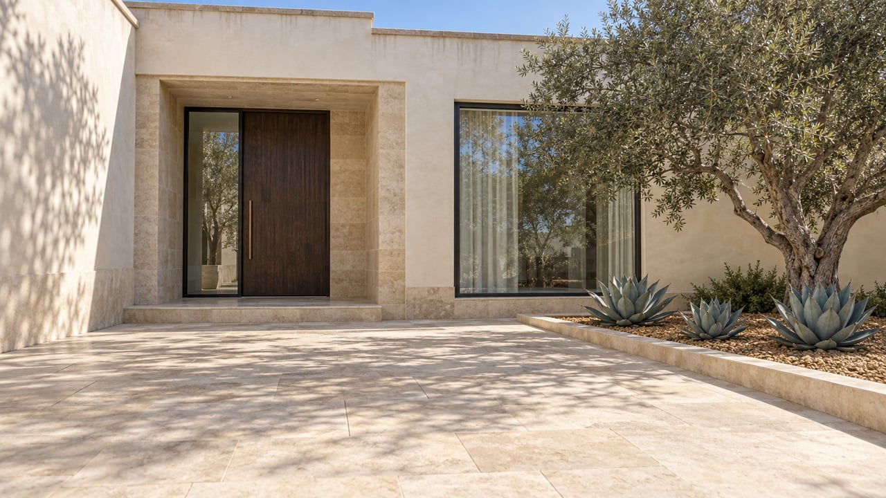 Ivory stucco home with a recessed limestone entry, dark oak door, large window and mature olive tree beside a spacious stone courtyard.