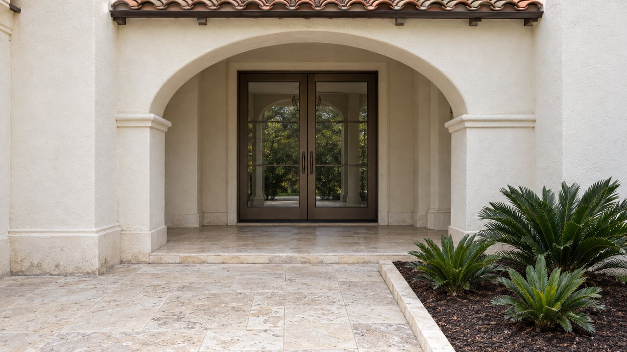 Ivory stucco arched porch with bronze-framed double glass doors, terracotta roof tiles and a limestone approach bordered by coontie plants.
