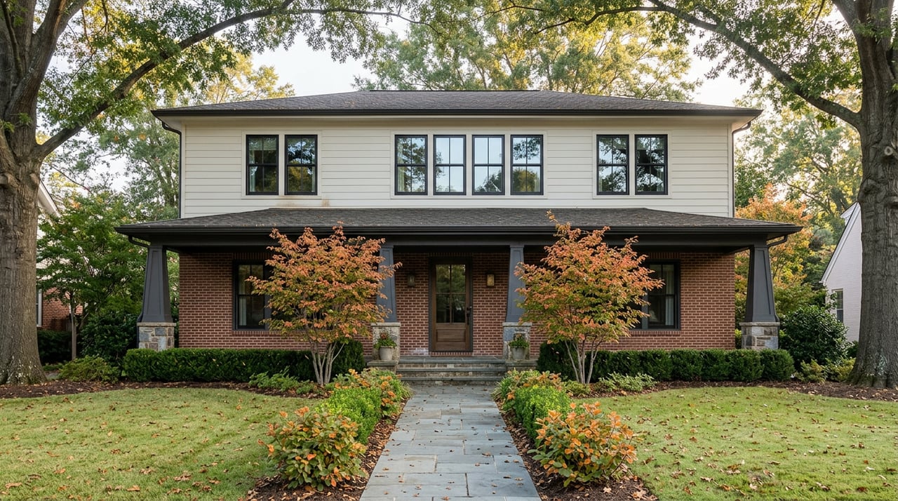 Single-family home with a deep covered porch, brick and shiplap facade, autumn trees, and a bluestone path across the lawn.