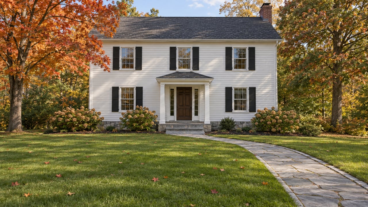 White clapboard home with black shutters, a granite entry and a broad autumn lawn framed by mature maple and oak trees.