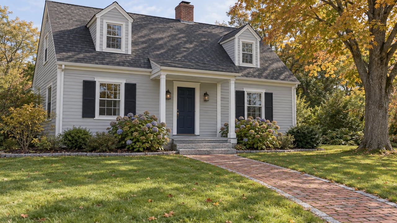 Gray clapboard home with dormers, a covered front entry, brick walk and broad autumn lawn beside an amber sugar maple.