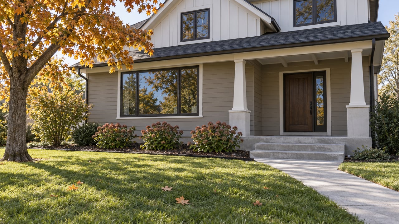 Autumn morning light on a taupe gabled home with a covered porch, deep lawn and amber maple tree.