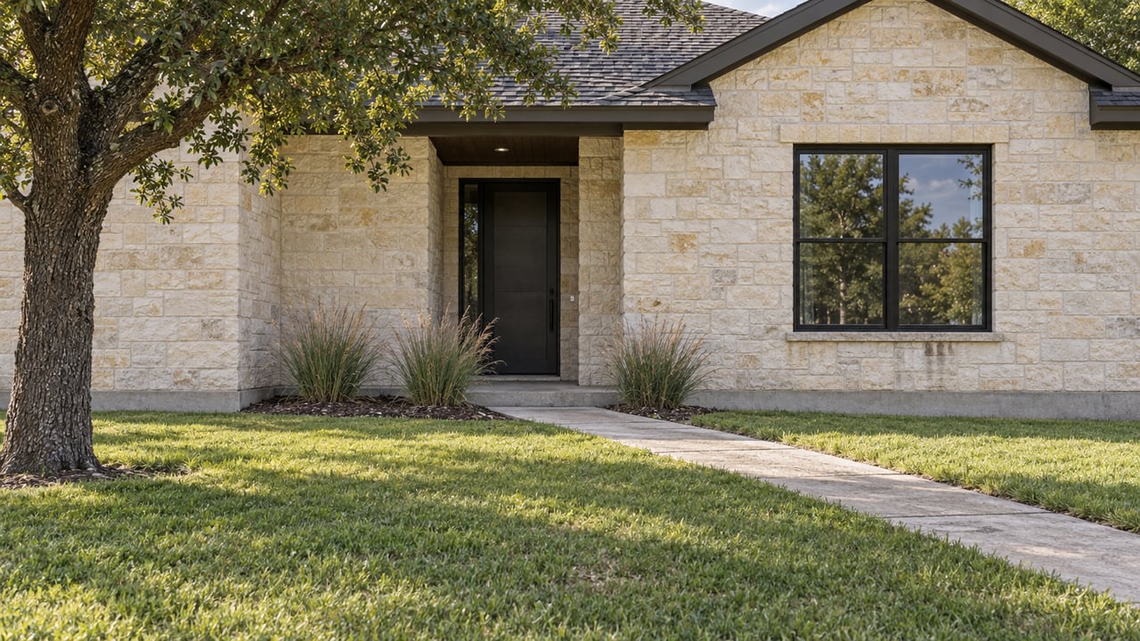 Pale limestone house with a recessed entry, black-framed window, diagonal walkway, and lawn beneath a mature tree.