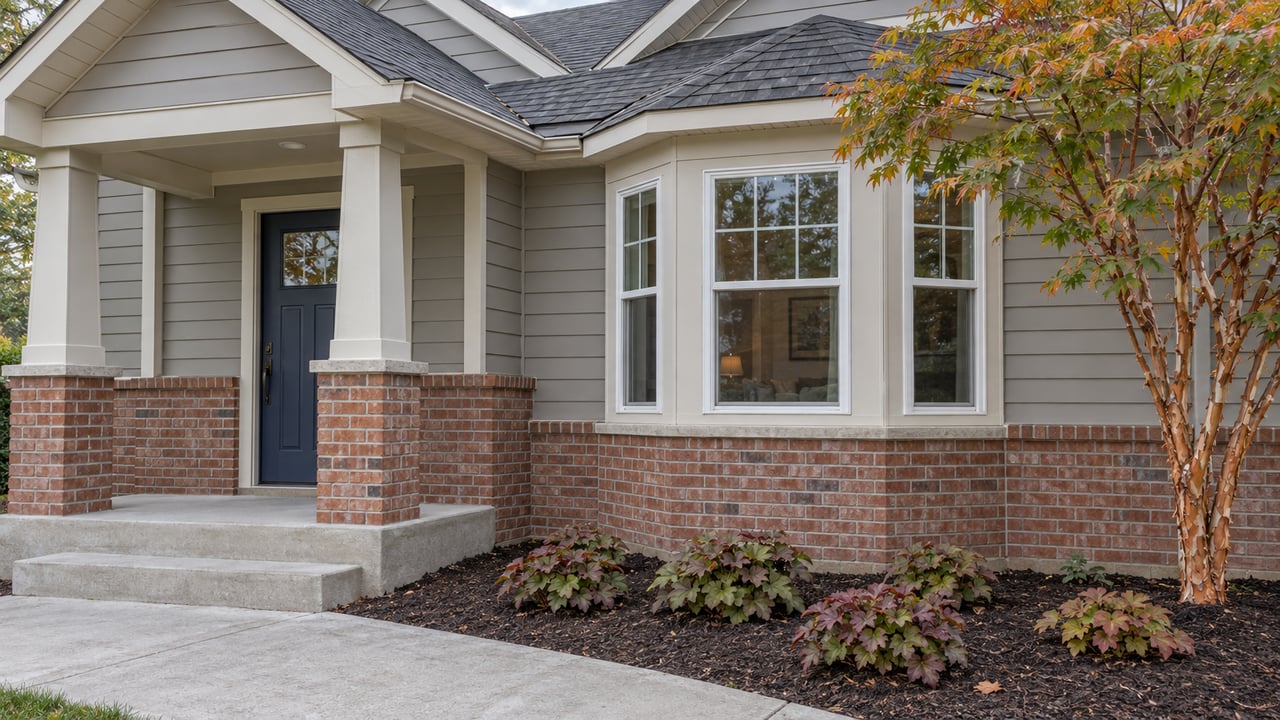 Covered porch and white-framed window bay on a brick-and-gray-sided home, with a paperbark maple and a neatly edged garden bed.