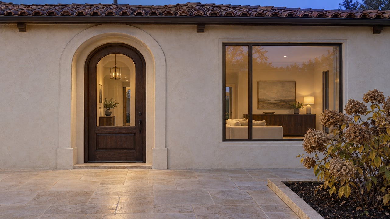 Cream stucco home with terracotta roof, glazed arched oak entrance and limestone approach at blue hour.