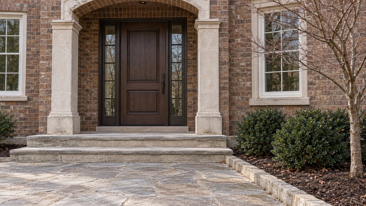 Brick estate entry with a limestone arch, oak door, paired sidelights, and flagstone approach beside a bare Japanese maple.