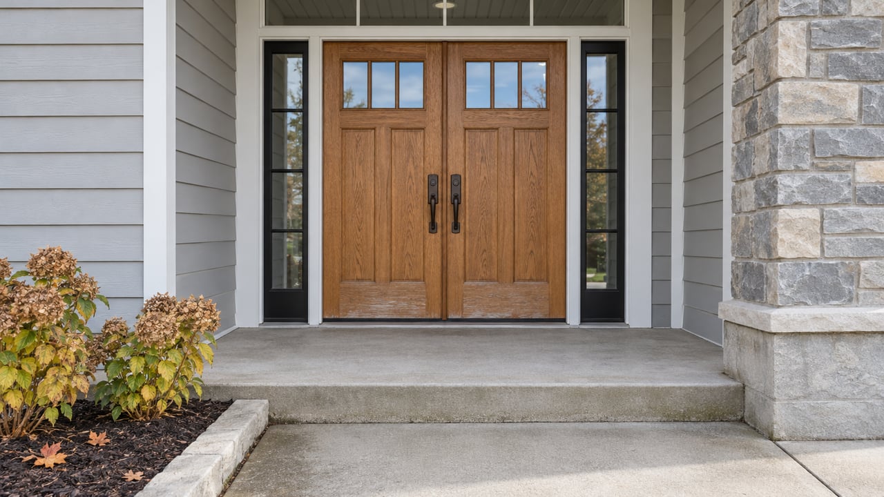 Warm wood double entry doors beneath a white porch soffit, with gray lap siding, a stone pier, and autumn hydrangeas beside a concrete approach.