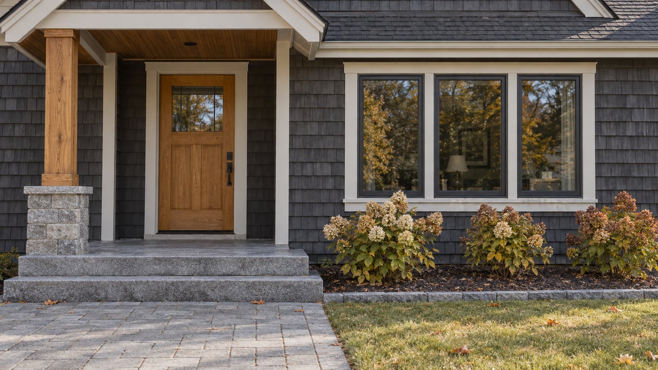 Autumn light on a cedar-shingled home's covered oak entrance, granite steps and paver approach beside dried hydrangeas.