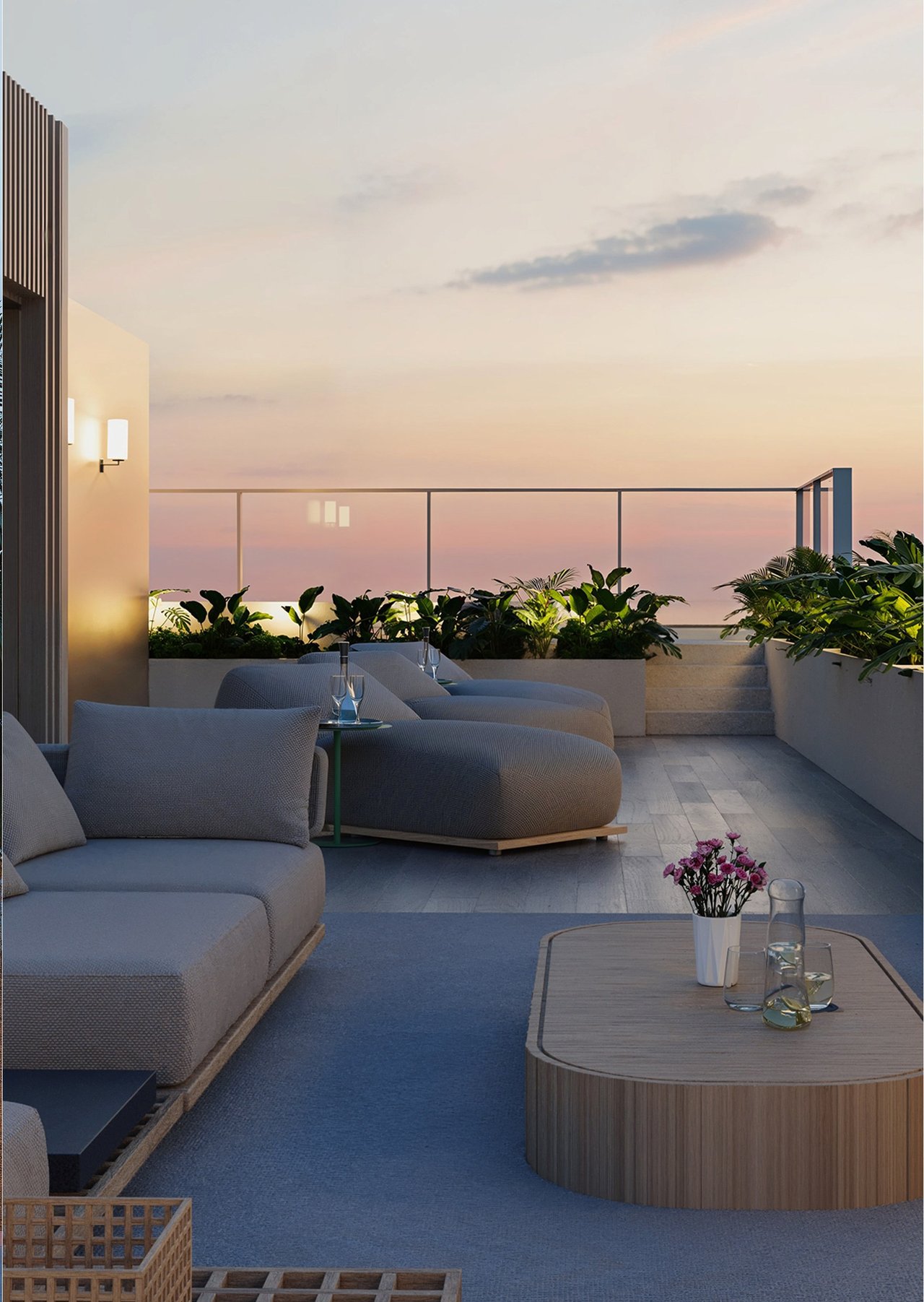 Rendering of rooftop conversation lounge at sunset at Milano Boutique in South of Fifth, Miami Beach.