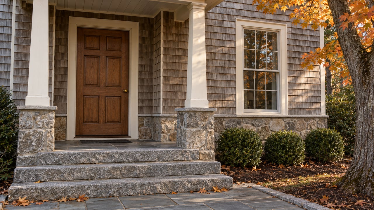 Autumn light on a cedar-shingled home's recessed oak entrance, granite steps and orange maple foliage.