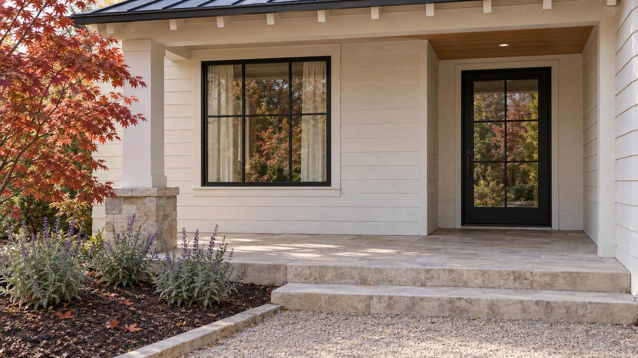 White timber home entry with black steel glazing, limestone steps and a copper-red Japanese maple.