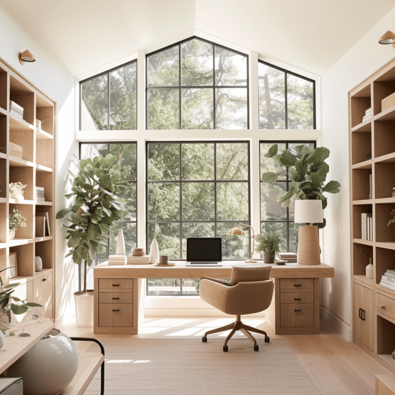 Bright home office with a wooden desk, built-in shelves, plants, and tall windows overlooking trees.