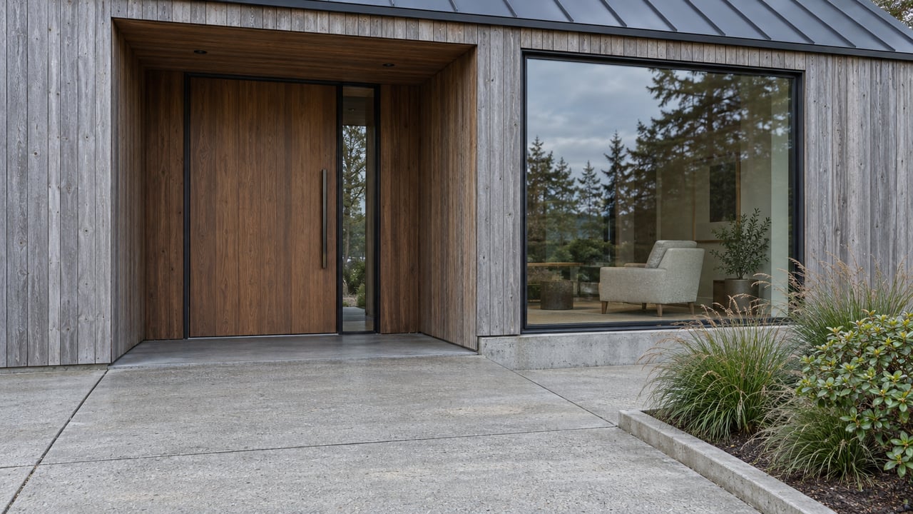 Modern home entrance with a large wood door, weathered timber siding, and a broad picture window.