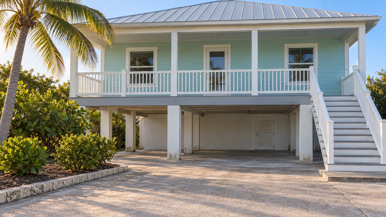 Elevated pale aqua coastal home with a silver pitched roof, white porch and exterior stairs, sunlit concrete driveway and a coconut palm.