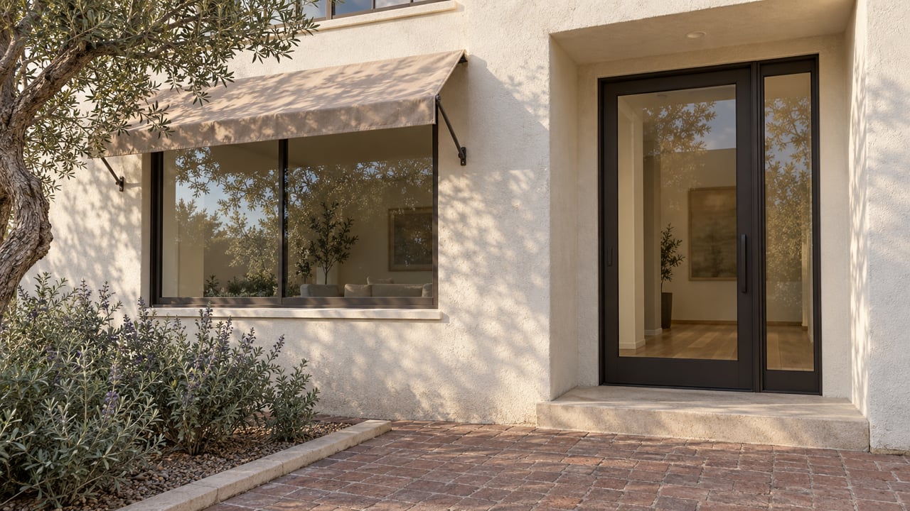 Sunlit cream-stucco home entry with bronze-framed glazing, a canvas awning, worn brick paving and a sculptural olive tree.