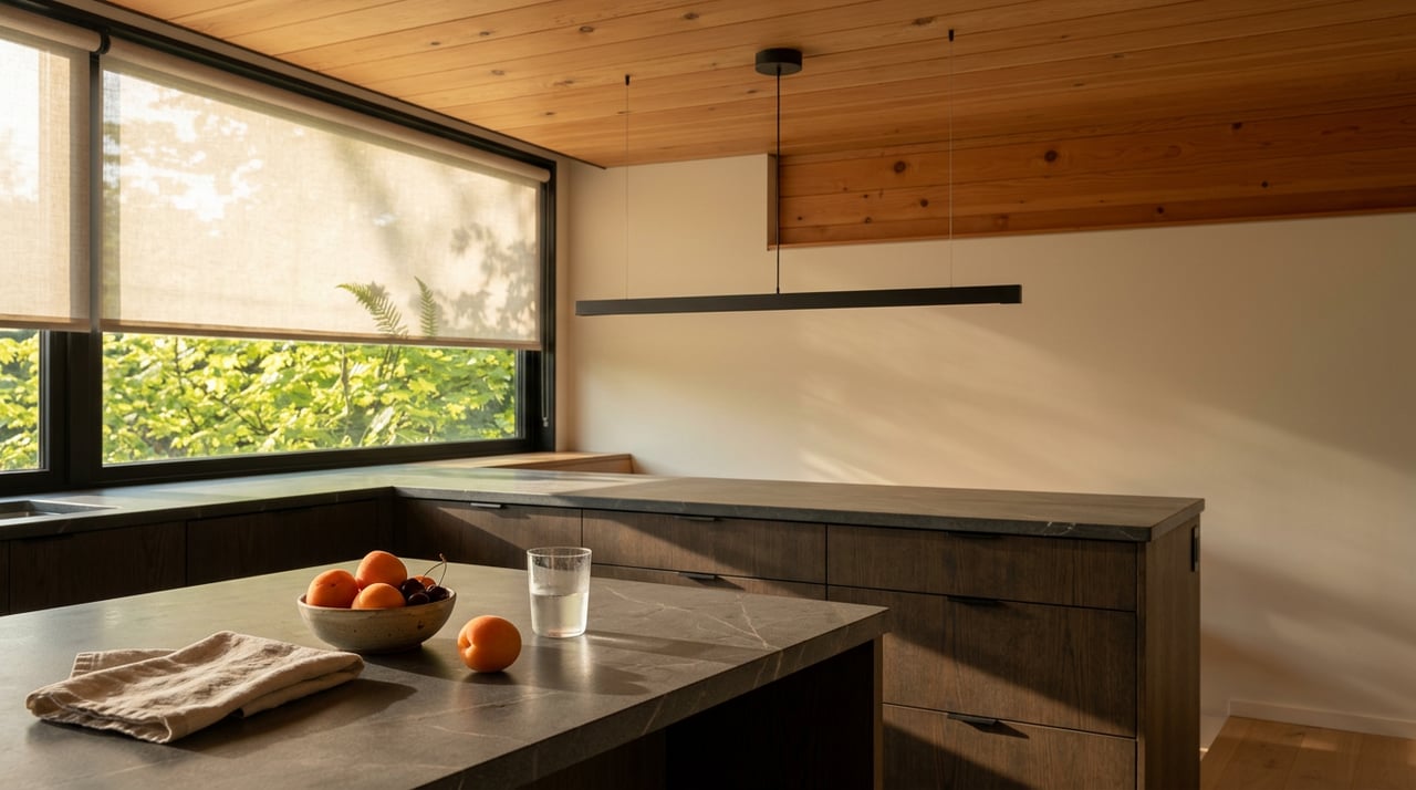 Kitchen island with a stoneware bowl of apricots and cherries beneath a leafy window.