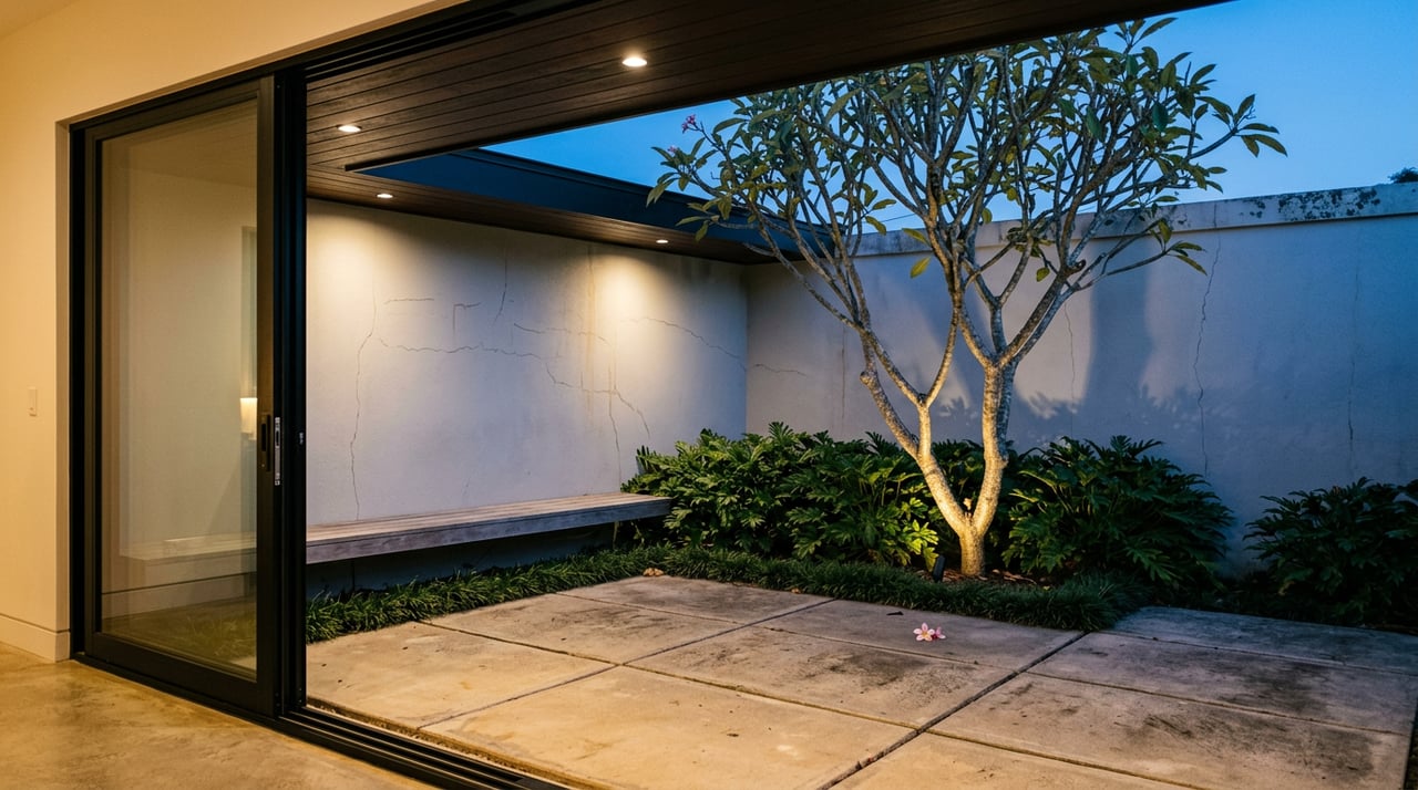 Walled courtyard at dusk with an uplit Plumeria tree, paved terrace, and built-in teak bench.