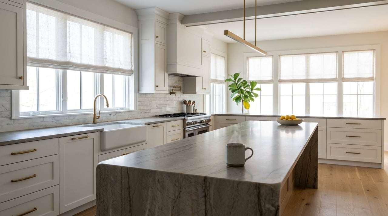 Bright kitchen with a veined stone island, white shaker cabinets, brass fixtures, and a steaming mug beside lemons.