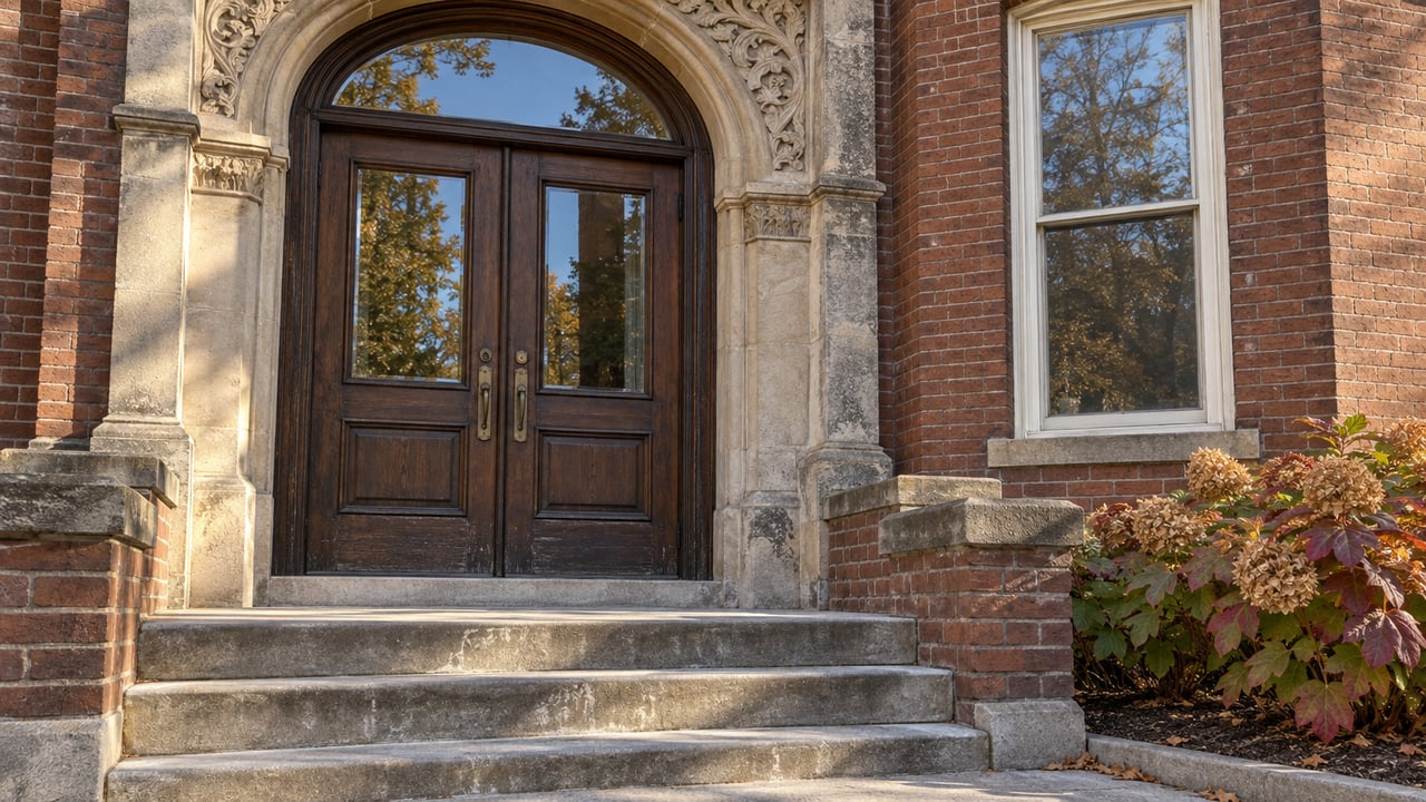 Morning light across a carved limestone entrance, paired oak doors and tall sash window of a historic brick home.