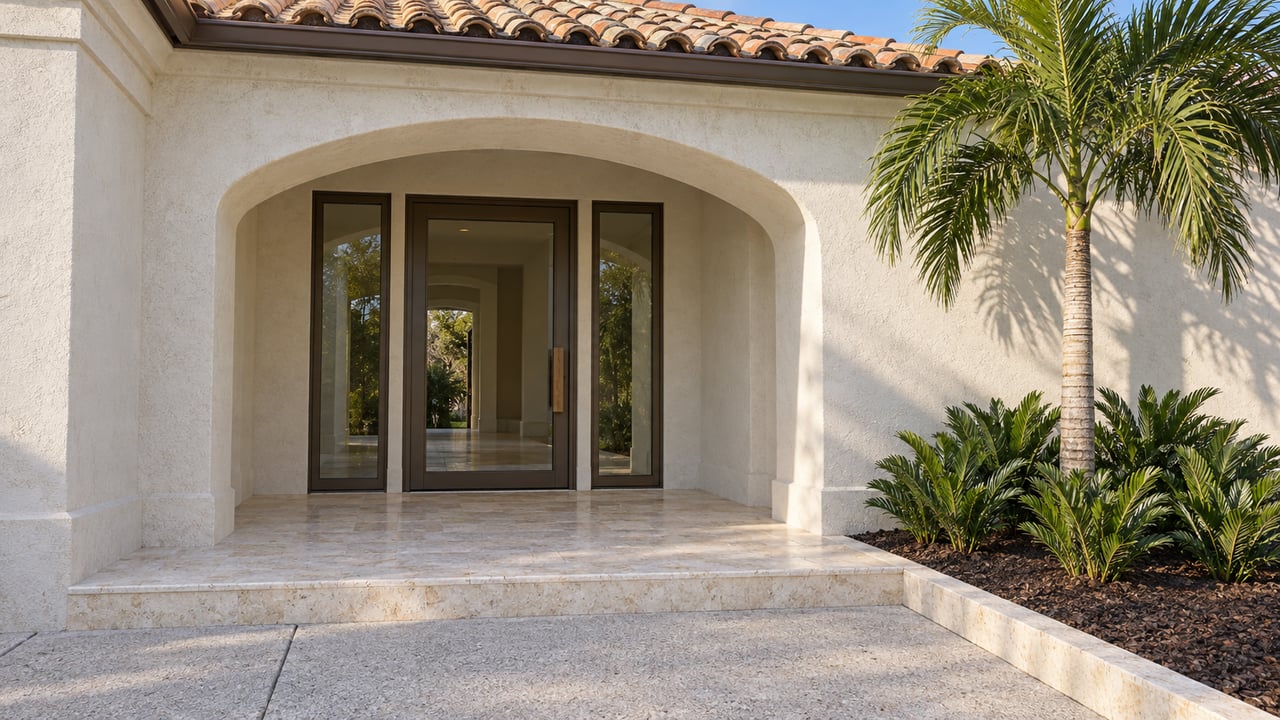 Pale stucco home entry with terracotta roof tiles, bronze-framed glass doors, shell-limestone steps, and a specimen palm.