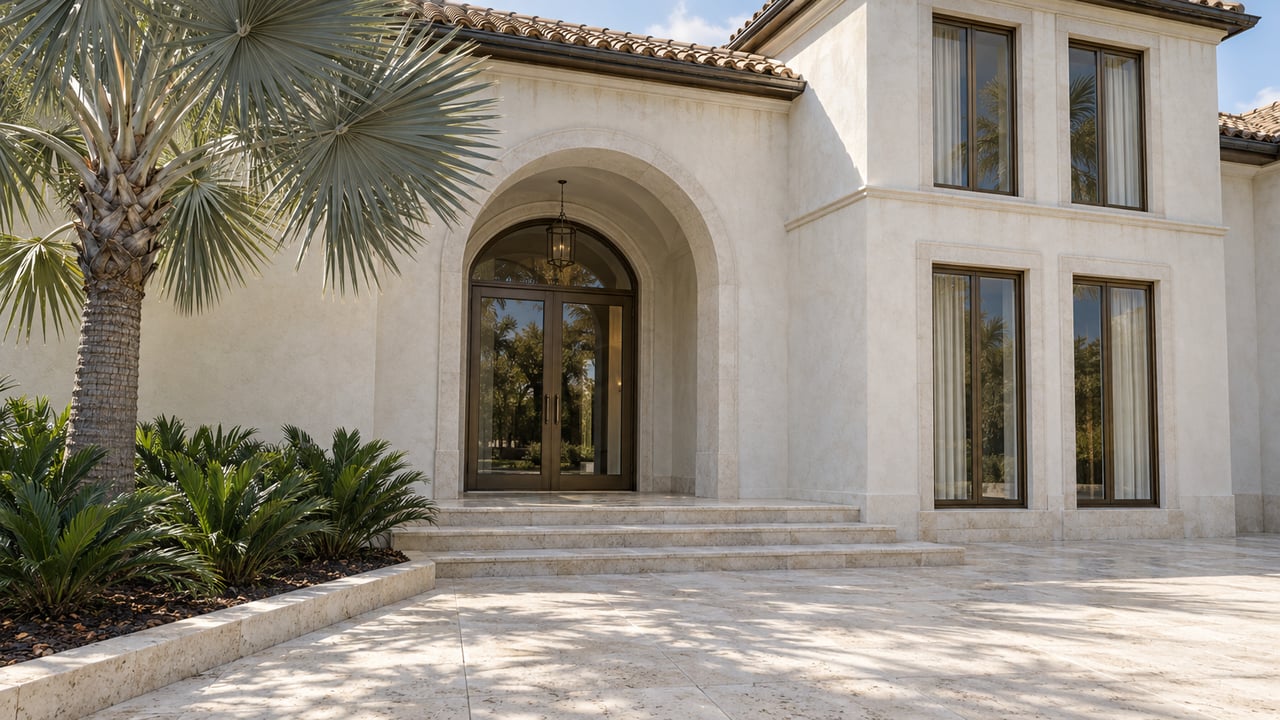 Sunlit white-stucco estate entrance with bronze-framed glass doors, pale limestone steps and a silver fan palm.