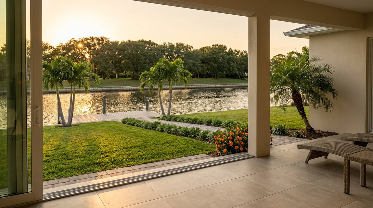 A tiled lanai overlooks a canal, with palms, a lawn, wooden dock, and golden water.