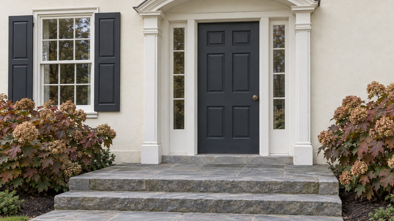 Cream stucco entrance with a charcoal-blue paneled door, paired sidelights, weathered stone steps and autumn oakleaf hydrangeas.