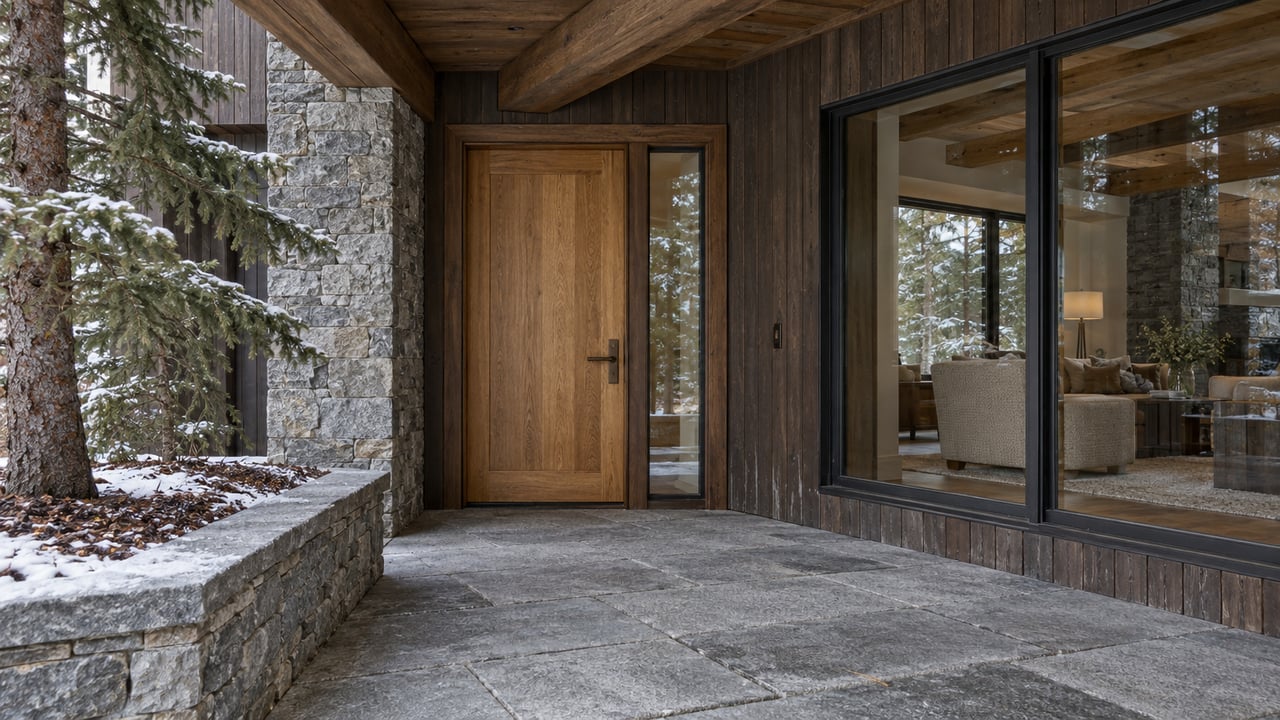 Covered timber-and-stone residence entrance with oak door, broad window, granite terrace and snow resting on a spruce planting bed.