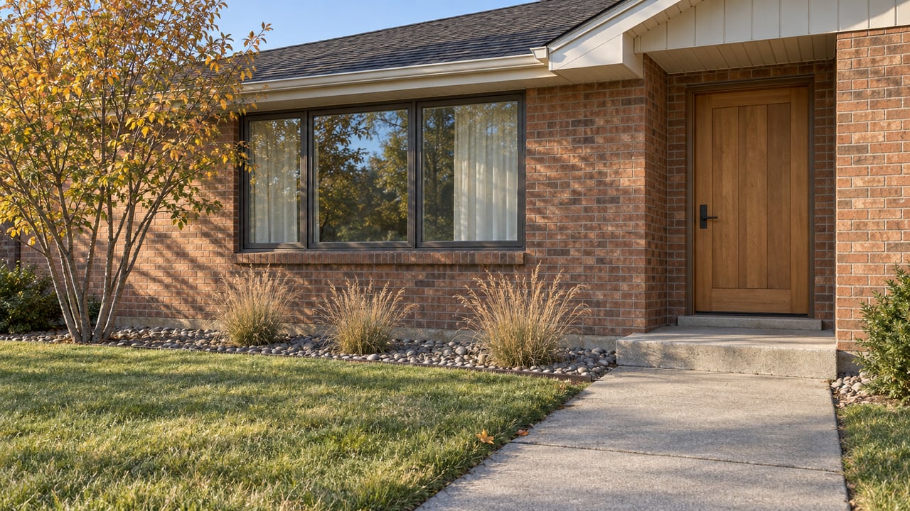 Brick ranch entry beside a broad window, with a concrete approach, autumn serviceberry and river-stone planting bed.