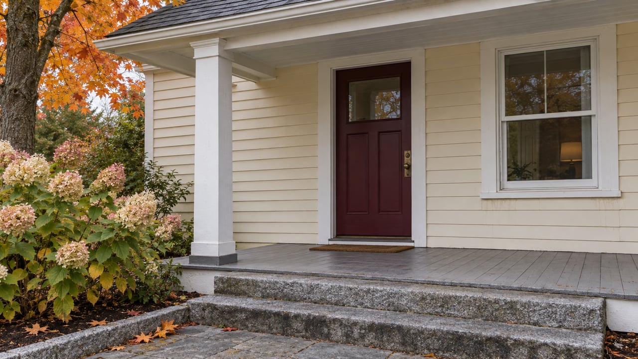 Cream clapboard house with a burgundy front door, white porch post, worn granite steps, and autumn hydrangea flowers.
