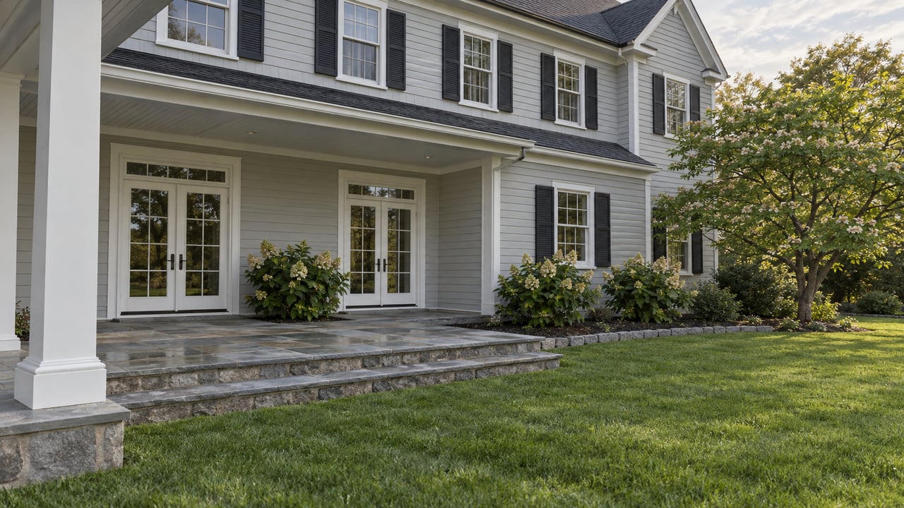Light gray clapboard home with a covered bluestone porch, white-trimmed windows, hydrangeas and a broad green lawn.