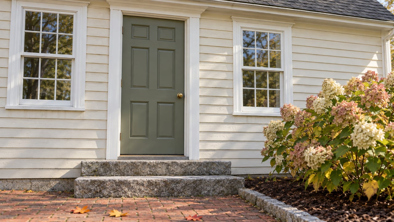 White clapboard house entrance with a sage-green door, stone steps, and autumn hydrangeas.
