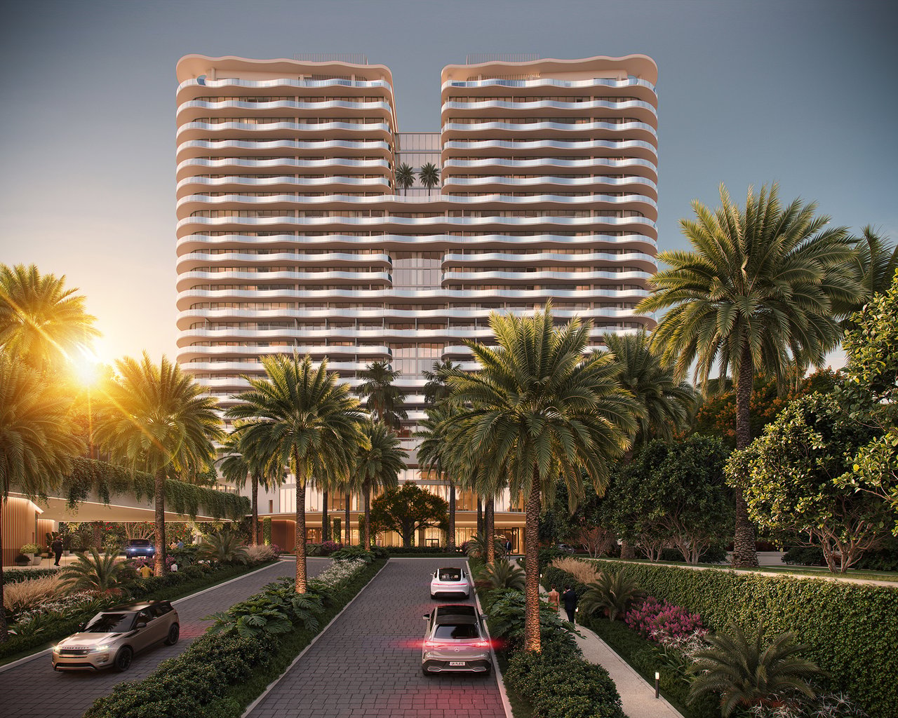 St. Regis Bahia Mar Fort Lauderdale building arrival at sunset rendering.