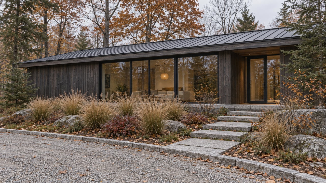 Dark cedar woodland home with large sealed windows, a granite entry approach and copper autumn foliage.