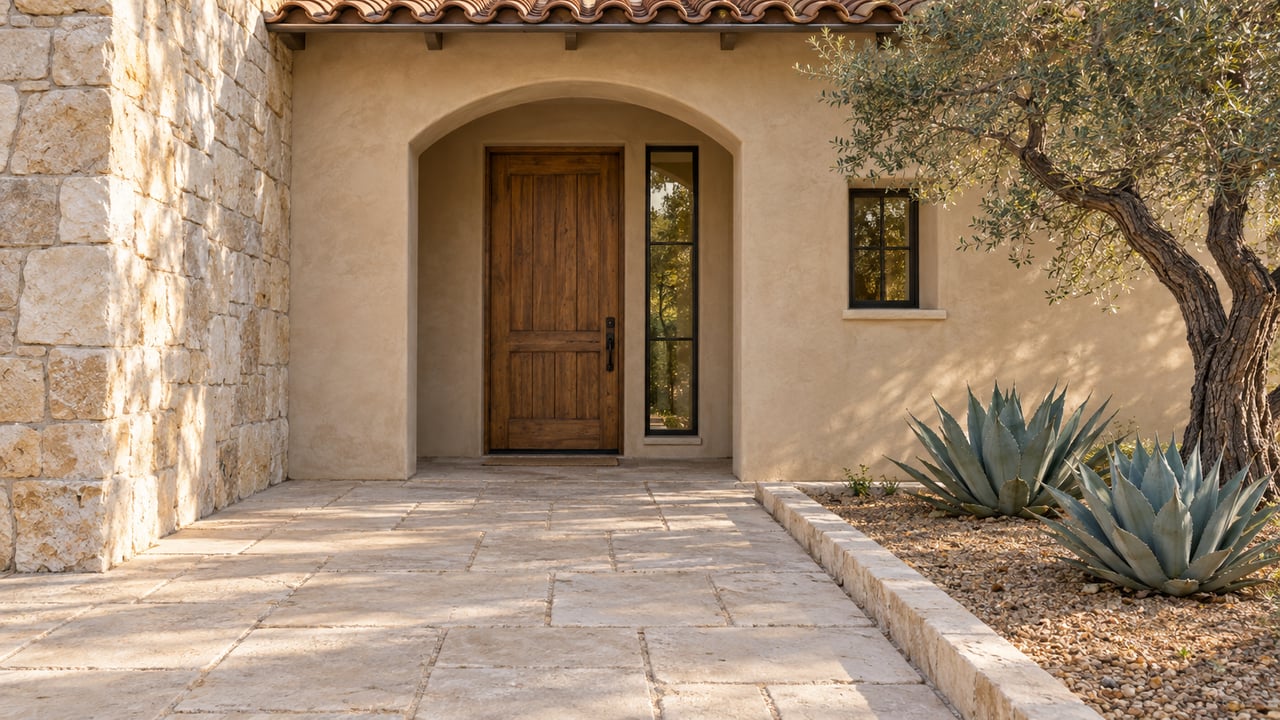 Recessed arched timber doorway in sand-colored stucco, beside a limestone wall and desert planting.