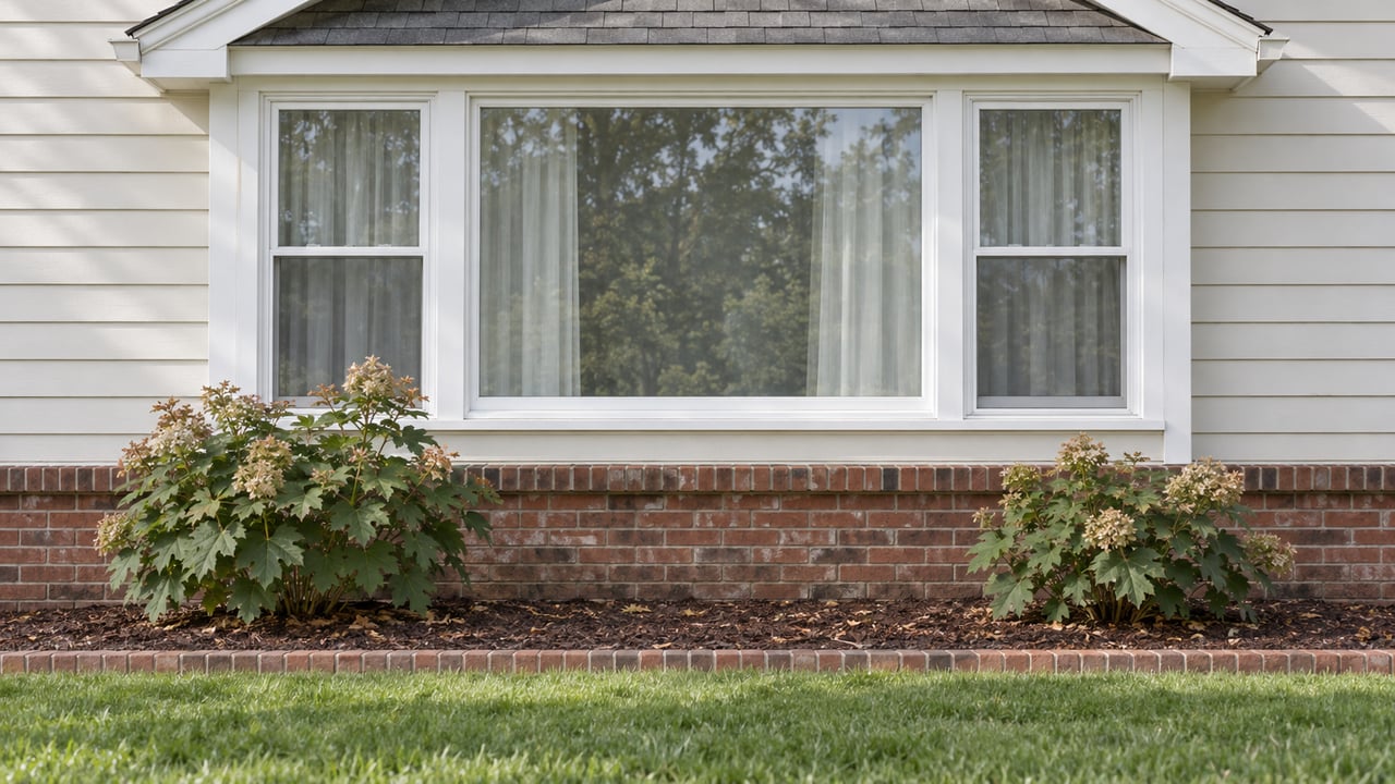 White-sided home with a three-part window, brick foundation, oakleaf hydrangeas and a neatly edged lawn.