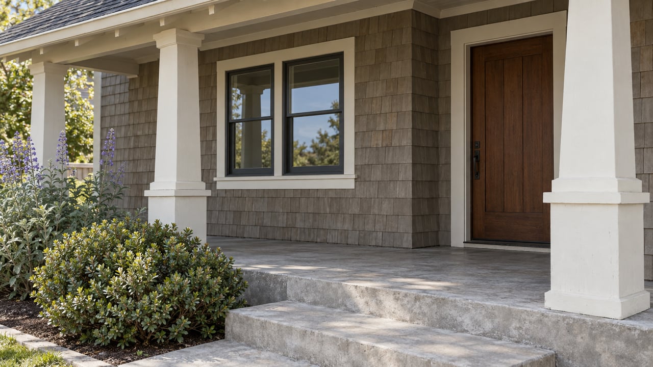 Residential porch with cedar-shingle walls, paired windows, recessed wood door, concrete steps, and shrubs.