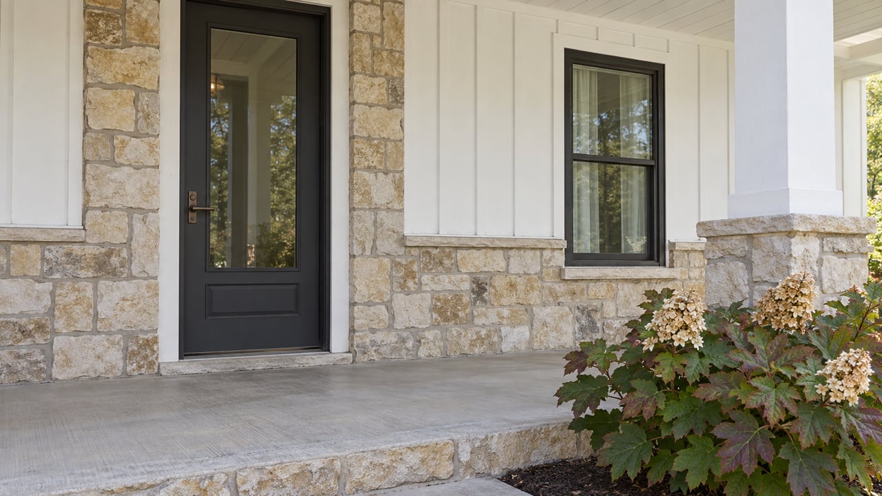 Covered home entry with a charcoal glazed door, white siding, buff limestone and an oakleaf hydrangea beside the raised concrete porch.